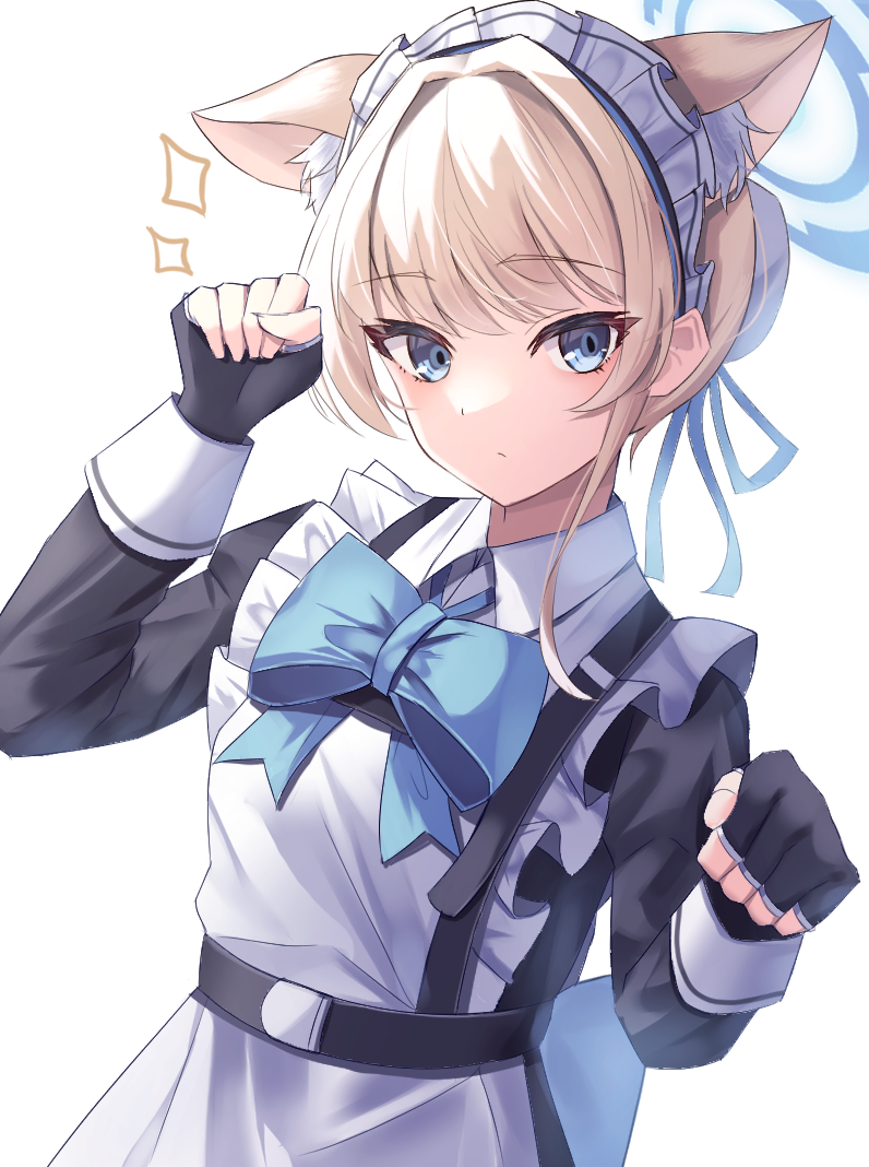 1girl animal_ears apron black_gloves blonde_hair blue_archive blue_bow blue_bowtie blue_ribbon bow bowtie bun_cover cat_ears chest_harness closed_mouth fingerless_gloves frilled_apron frills gloves green_eyes hair_ribbon halo harness kemonomimi_mode long_sleeves looking_at_viewer maid nekoya_crow paw_pose ribbon short_hair simple_background solo toki_(blue_archive) upper_body white_apron white_background