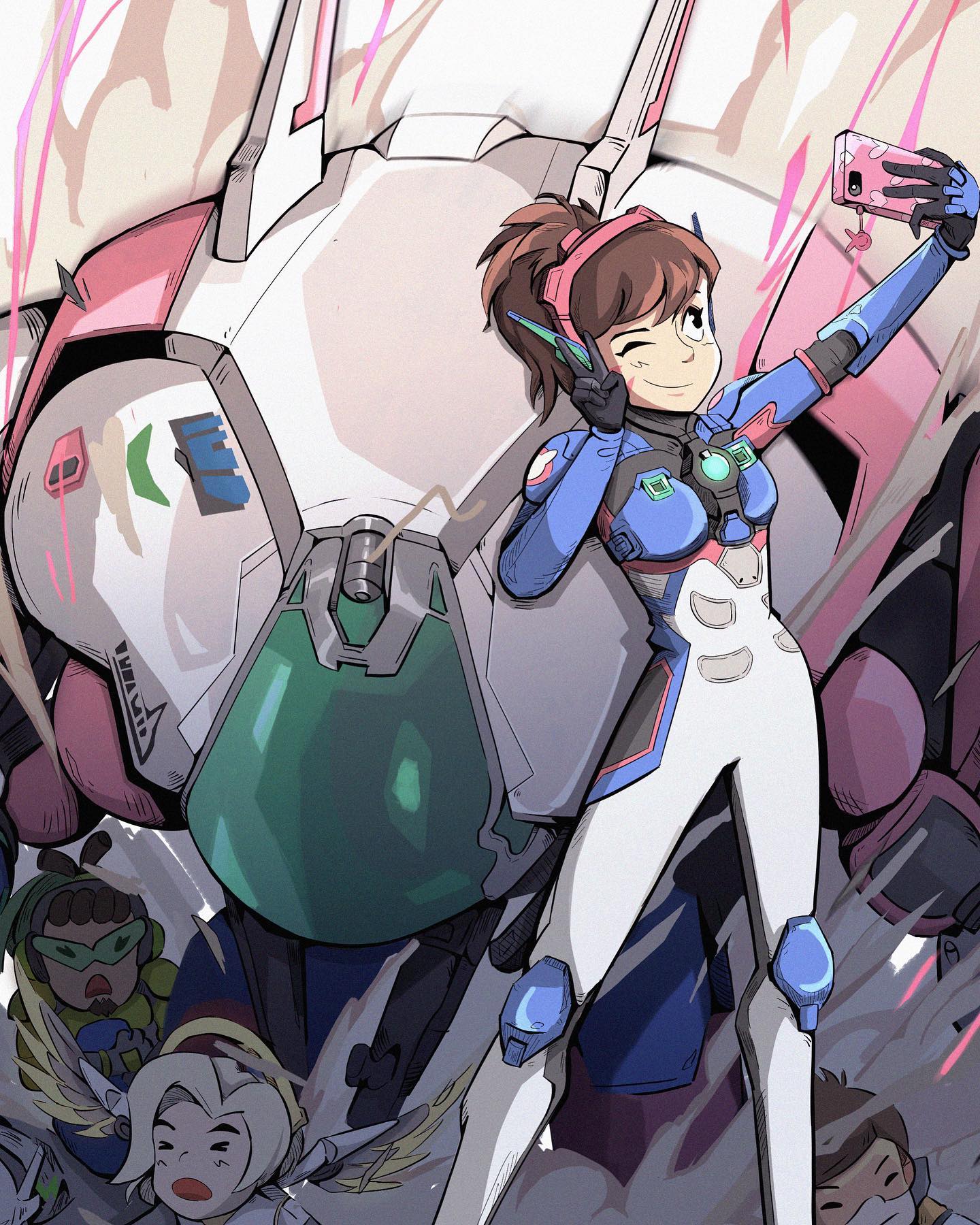 &gt;_&lt; 3girls bangs black_eyes black_gloves blonde_hair bodysuit breasts brown_hair cellphone chibi d.va_(overwatch) english_commentary genji_(overwatch) gloves grey_bodysuit halo helmet highres holding holding_phone lucio_(overwatch) mecha medium_breasts meka_(overwatch) mercy_(overwatch) multiple_girls one_eye_closed overwatch overwatch_2 phone pilot_suit ponytail procreate_(medium) robot selfie smartphone smile smoke sunglasses tee_on tracer_(overwatch) v wings