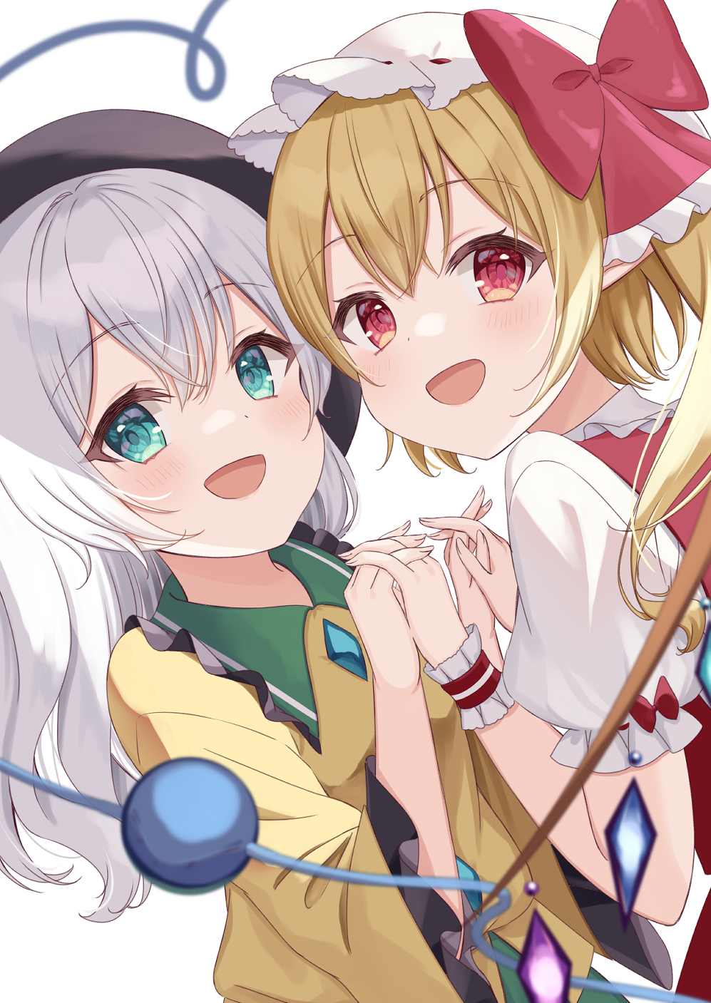 2girls :d alternate_hair_length alternate_hairstyle bat_wings black_headwear blush bow buttons collar commentary crystal diamond_button flandre_scarlet frilled_collar frilled_cuffs frilled_sleeves frills green_eyes green_sailor_collar grey_hair hair_between_eyes hair_ribbon hands_up happy hat hat_bow heads_together heart heart_of_string highres holding_hands interlocked_fingers kamachi_(kamati0maru) komeiji_koishi long_hair long_sleeves looking_at_viewer mob_cap multiple_girls open_mouth puffy_short_sleeves puffy_sleeves red_bow red_eyes red_ribbon red_vest ribbon sailor_collar shirt short_sleeves side_ponytail sidelocks simple_background smile third_eye touhou upper_body vest wavy_hair white_background white_headwear white_sailor_collar white_shirt wide_sleeves wings yellow_shirt