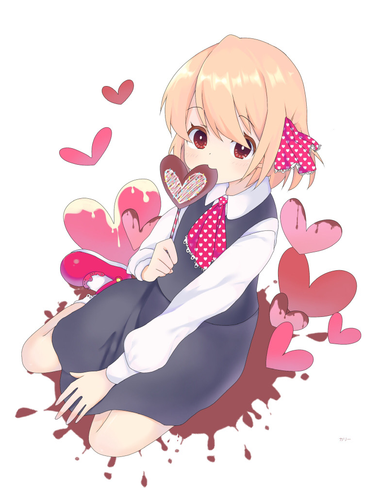 1girl ascot bangs black_skirt black_vest blonde_hair blush brown_eyes candy chocolate collared_shirt commentary_request eating flat_chest food full_body hair_between_eyes hair_ribbon heart heart-shaped_chocolate heart_print kari_(atsuki_565) long_sleeves looking_at_viewer mary_janes print_ascot print_ribbon red_ascot red_footwear red_ribbon ribbon rumia shirt shoes short_hair sitting skirt skirt_set solo touhou vest white_background white_shirt yokozuwari