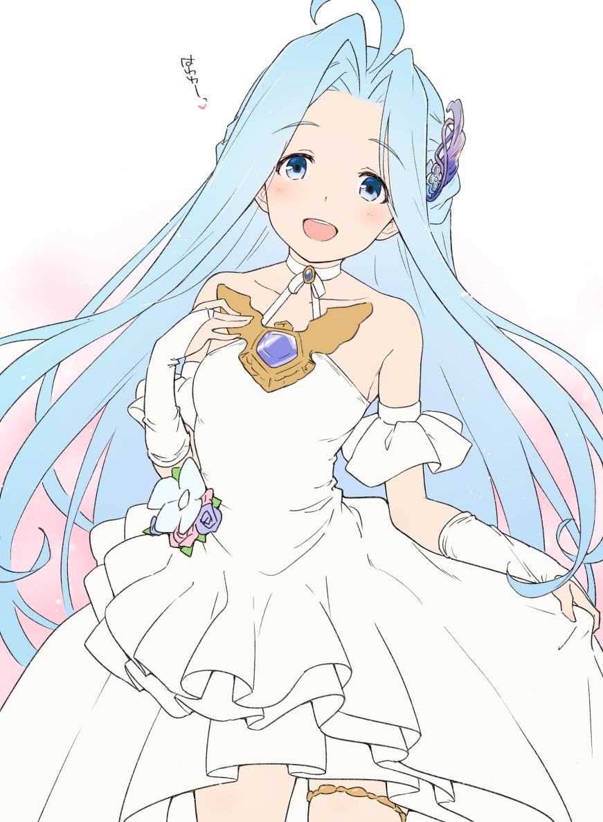 1girl :d ahoge bare_shoulders blue_eyes blue_hair breasts chest_jewel collarbone dress fingerless_gloves floating_hair gloves granblue_fantasy hair_ornament kiikii_(kitsukedokoro) long_hair looking_at_viewer lyria_(granblue_fantasy) small_breasts smile solo straight_hair teeth thighlet translation_request upper_teeth_only very_long_hair white_dress white_gloves