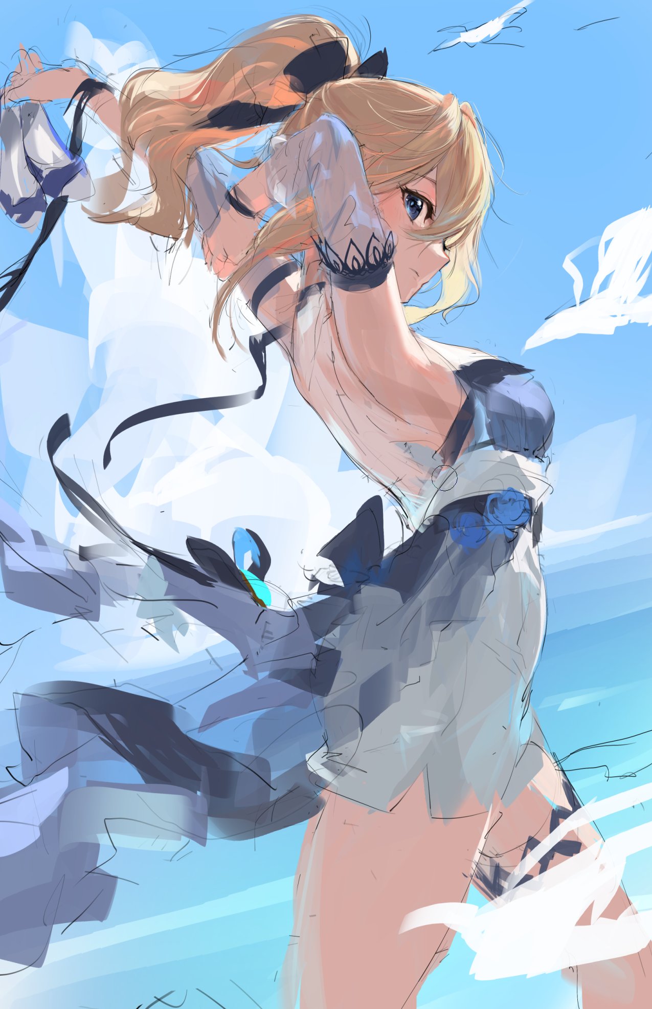 1girl armpits arms_up blonde_hair blue_eyes blue_sky genshin_impact high-waist_shorts highres jean_(genshin_impact) jean_(sea_breeze_dandelion)_(genshin_impact) looking_to_the_side meltyrice official_alternate_costume ponytail shorts sky solo unfinished water white_shorts