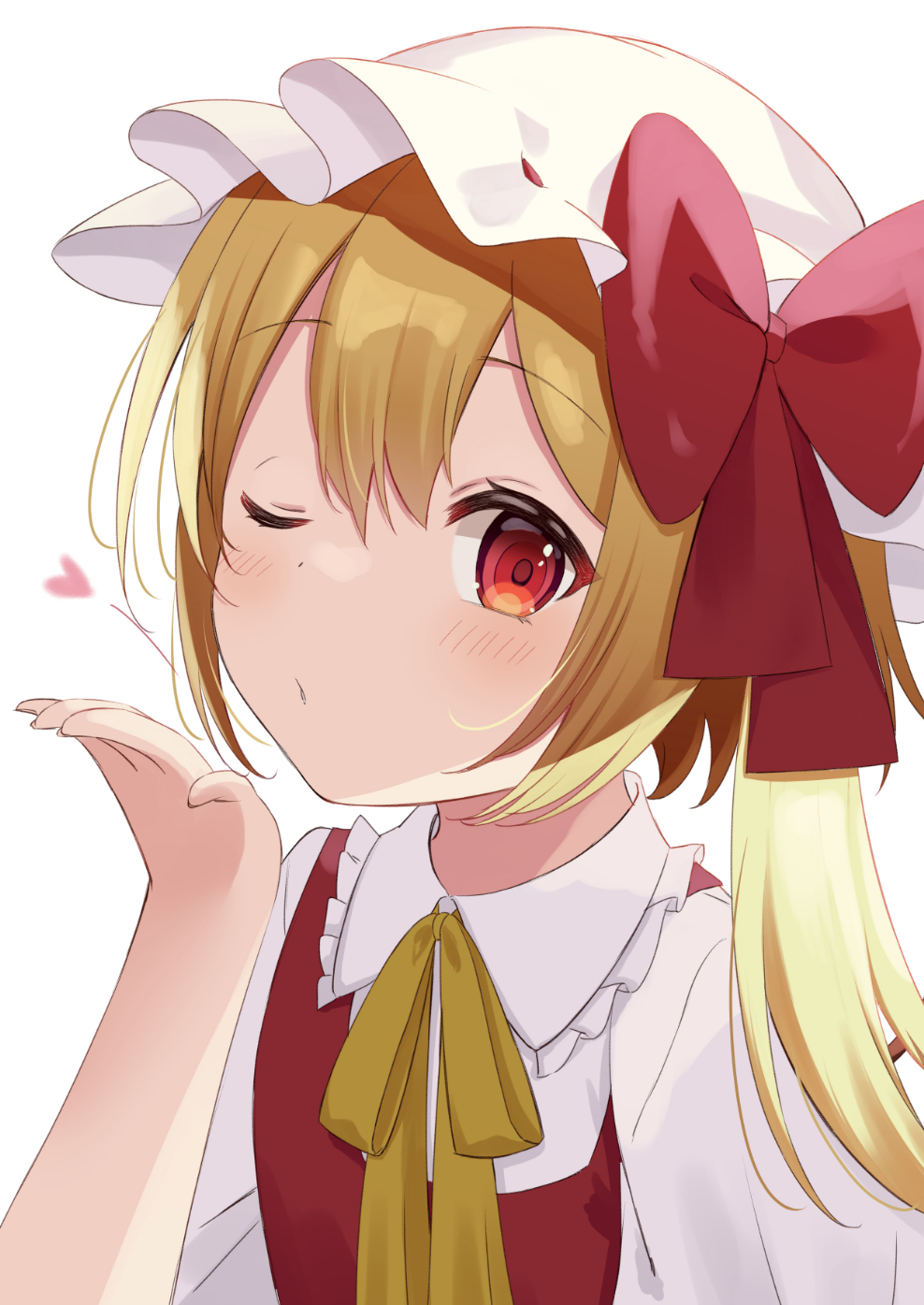 1girl blonde_hair blowing_kiss blush bow collar commentary flandre_scarlet frilled_collar frills hair_between_eyes hand_up hat hat_bow hat_ribbon heart highres kamachi_(kamati0maru) long_hair looking_at_viewer mob_cap one_eye_closed red_bow red_eyes red_ribbon red_vest ribbon shirt side_ponytail sidelocks simple_background solo touhou upper_body vest white_background white_headwear white_shirt wing_collar yellow_ribbon