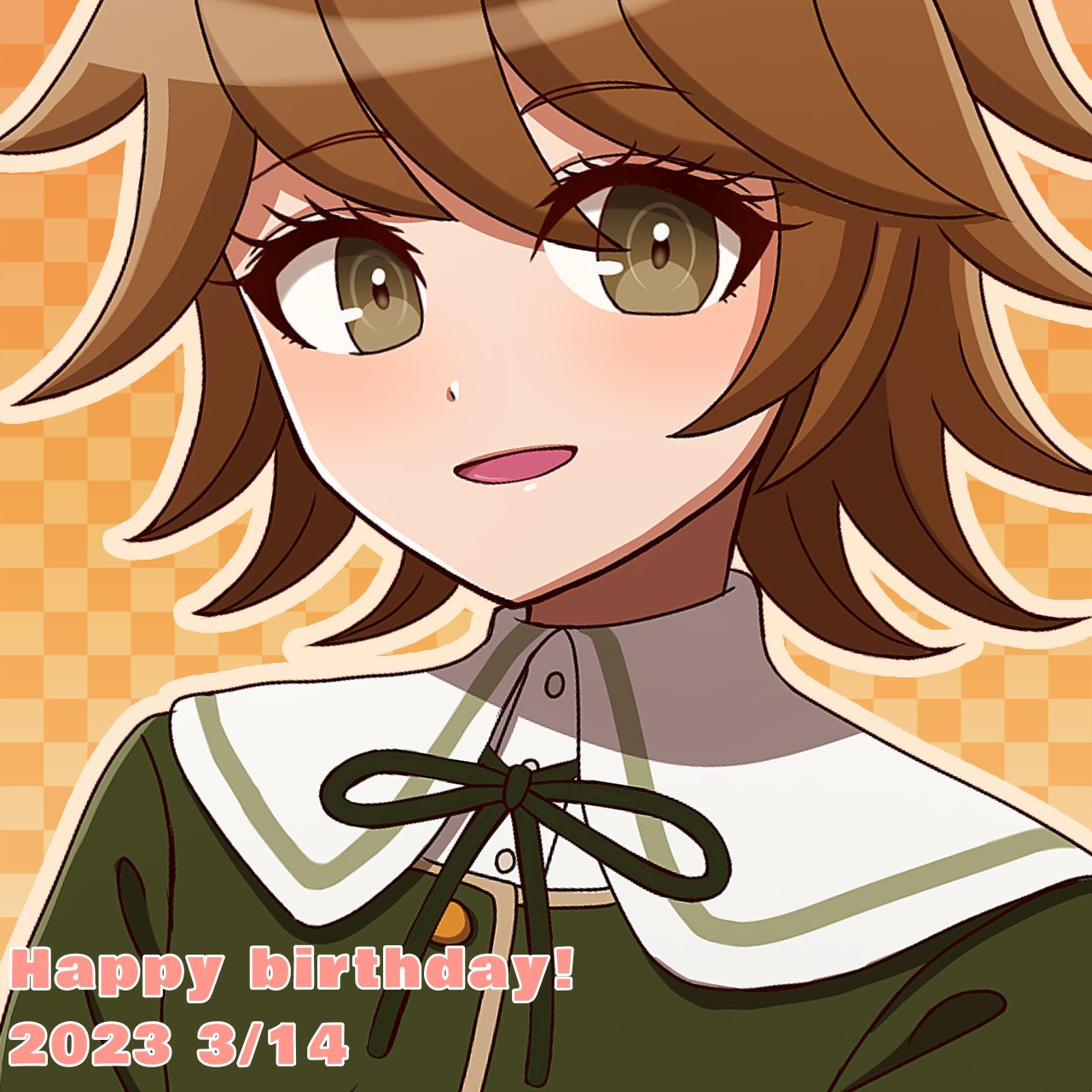 1boy brown_eyes brown_hair danganronpa:_trigger_happy_havoc danganronpa_(series) dated fujisaki_chihiro green_jacket green_ribbon happy_birthday highres jacket male_focus neck_ribbon open_mouth otoko_no_ko outline plaid plaid_background portrait ribbon solo suiren_yurei white_outline