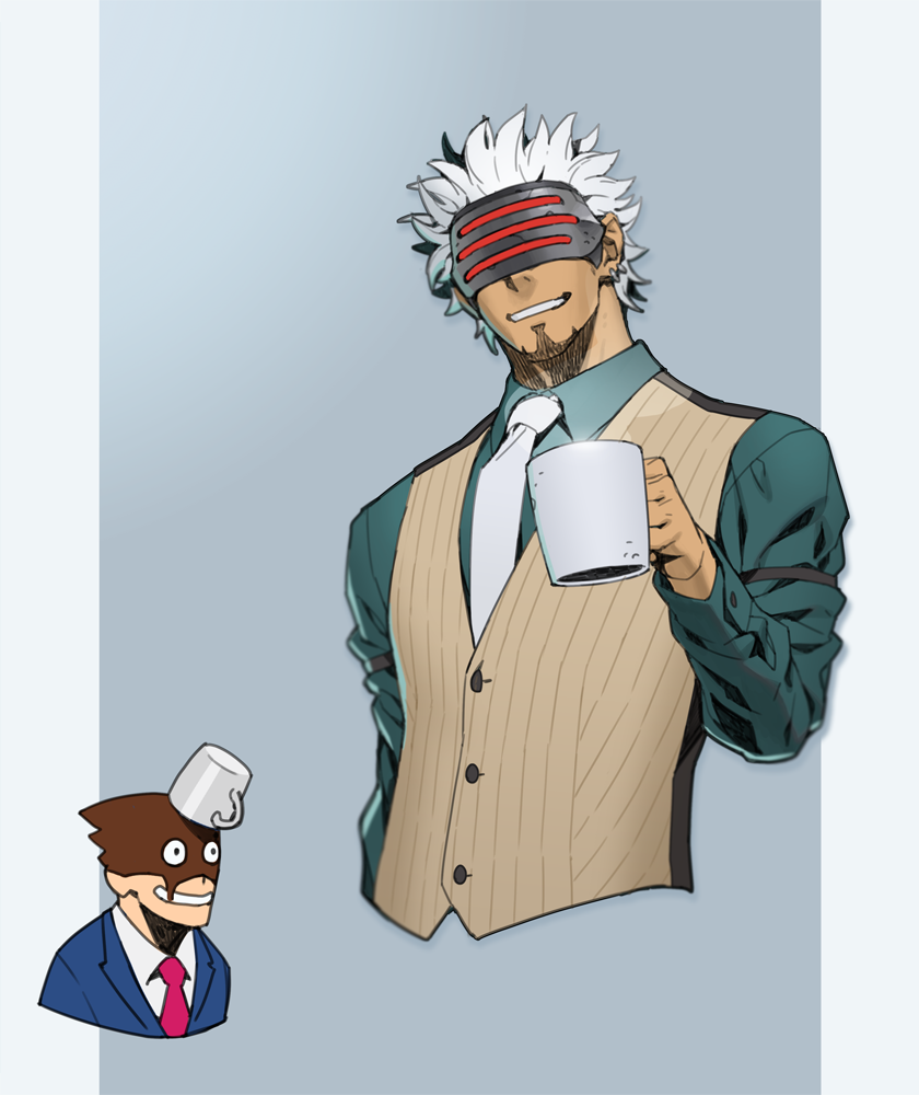 2boys ace_attorney beard blue_jacket coffee coffee_mug collared_shirt cup earrings facial_hair godot_(ace_attorney) green_shirt head-mounted_display holding holding_cup jacket jewelry long_sleeves male_focus mask miya_hellride mug multiple_boys necktie open_mouth phoenix_wright phoenix_wright:_ace_attorney_-_trials_and_tribulations pinstripe_pattern pinstripe_vest shirt short_hair smile spiky_hair striped upper_body vest wet white_hair white_necktie white_shirt