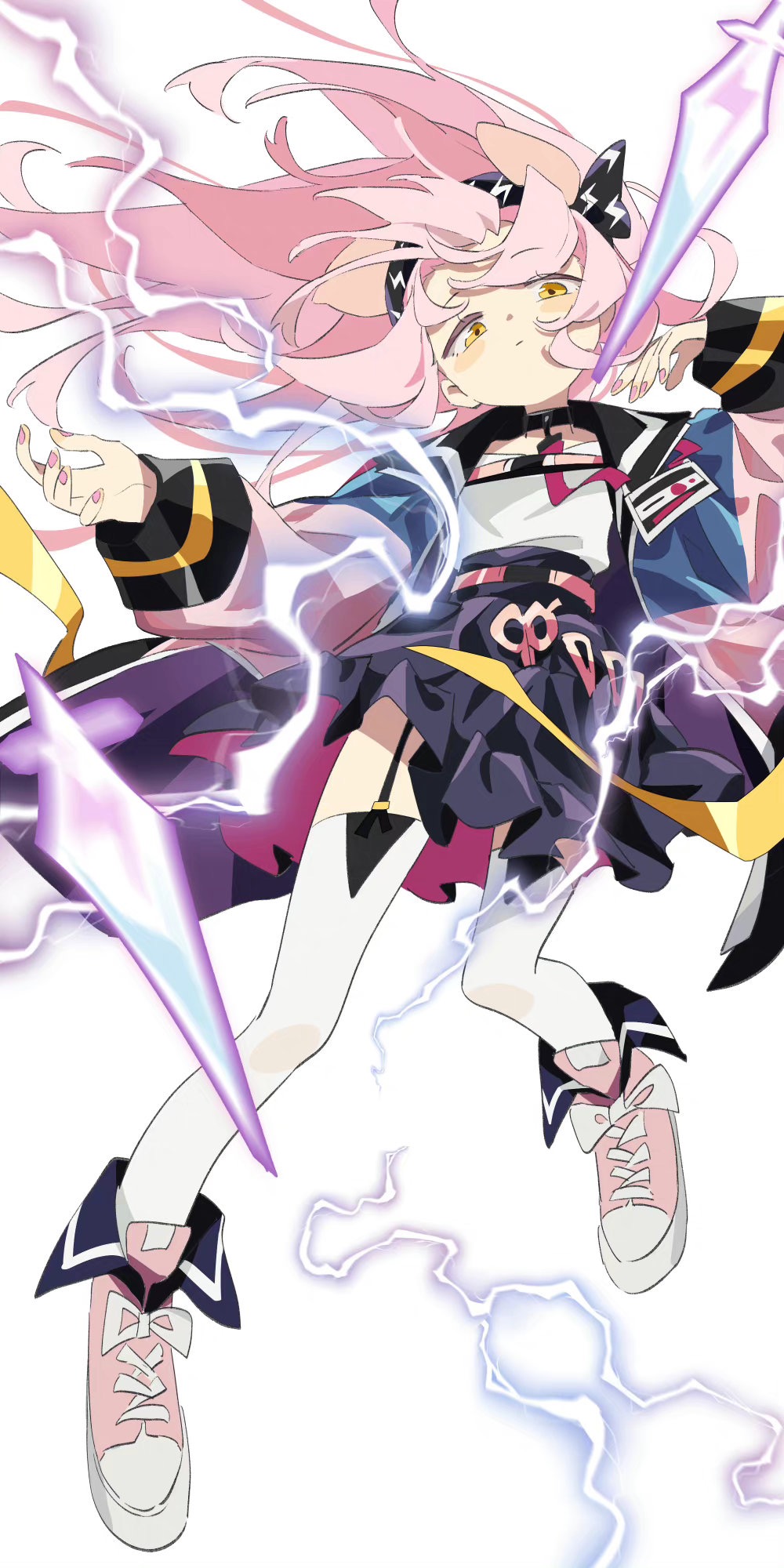 1girl animal_ears arknights black_hairband black_skirt blue_jacket cat_ears cat_girl closed_mouth electricity full_body garter_straps goldenglow_(arknights) hairband hands_up highres jacket lightning_bolt_print long_hair long_sleeves looking_at_viewer multicolored_clothes multicolored_jacket ninnin14 open_clothes open_jacket pink_footwear pink_hair pink_jacket pink_nails print_hairband scissors shoes simple_background skirt sneakers solo thigh-highs white_background white_thighhighs yellow_eyes