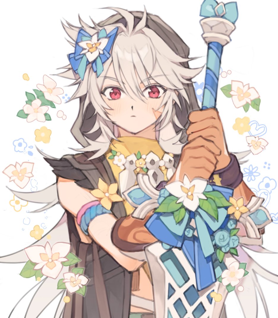 1boy bangs blue_bow blue_flower blush bow closed_mouth flower genshin_impact gloves greatsword grey_hair hair_between_eyes hair_bow holding holding_sword holding_weapon hood hood_up long_hair looking_at_viewer male_focus orange_gloves razor_(genshin_impact) razor_is_cute red_eyes scar scar_on_cheek scar_on_face simple_background solo sword upper_body very_long_hair weapon white_background white_flower yellow_flower