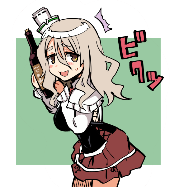 1girl bangs blush bottle breasts brown_eyes grey_hair hair_between_eyes hat holding kantai_collection large_breasts long_hair long_sleeves looking_at_viewer mini_hat open_mouth pola_(kancolle) red_skirt simple_background skirt solo sweat tsukinami_kousuke two-tone_background wavy_hair