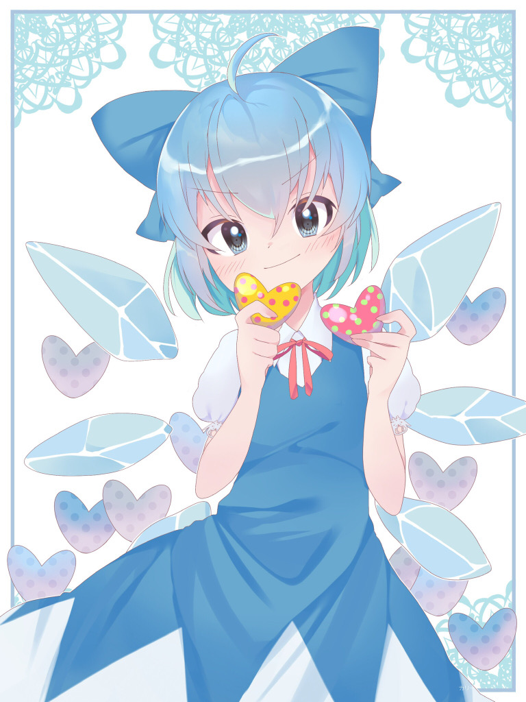 1girl ahoge bangs blue_bow blue_dress blue_eyes blue_hair blush bow cirno closed_mouth collared_shirt commentary_request cowboy_shot dress flat_chest hair_bow heart holding holding_heart ice ice_wings kari_(atsuki_565) looking_at_viewer neck_ribbon pinafore_dress red_ribbon ribbon shirt short_hair smile solo touhou v-shaped_eyebrows white_background white_shirt wings