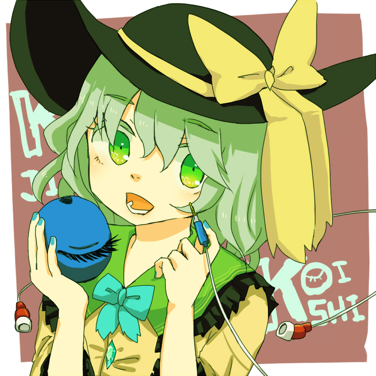 1girl aqua_bow aqua_bowtie aqua_nails black_headwear bow bowtie brown_background character_name earphones frilled_shirt_collar frilled_sleeves frills green_eyes green_hair green_sailor_collar hair_between_eyes hat hat_bow hat_ribbon head_tilt komeiji_koishi looking_at_viewer lower_teeth_only medium_hair nail_polish open_mouth ribbon sailor_collar short_sleeves simple_background solo teeth third_eye toad22 touhou upper_body yellow_bow yellow_ribbon