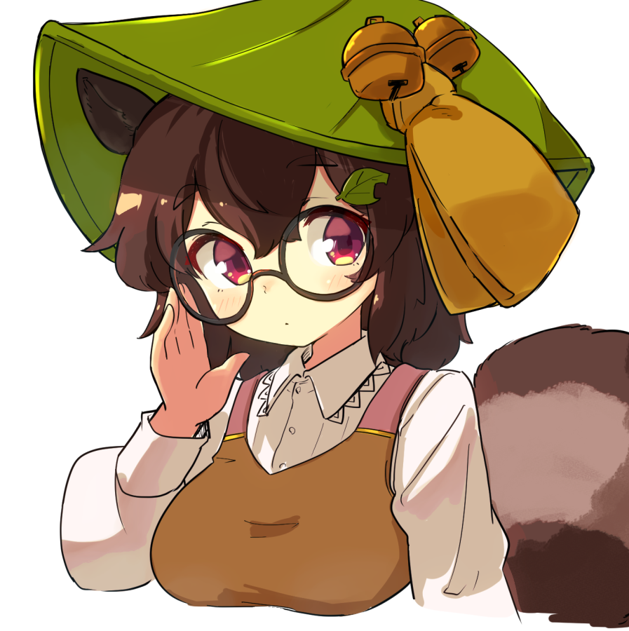 1girl animal_ears apron bangs brown_apron brown_eyes brown_hair closed_mouth collared_shirt cropped_torso futatsuiwa_mamizou glasses leaf leaf_on_head long_sleeves looking_at_viewer raccoon_ears raccoon_girl raccoon_tail shirt short_hair simple_background solo tail touhou uisu_(noguchipint) upper_body white_background white_shirt