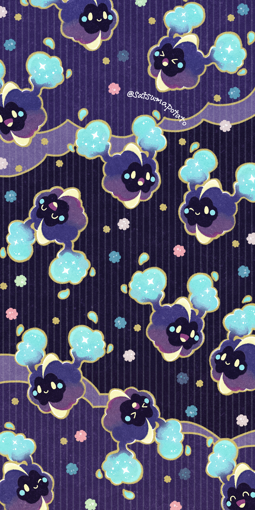 1other ambiguous_gender blush_stickers closed_eyes cosmog flower happy highres no_humans one_eye_closed open_mouth pokemon purple_background satsumapotato smile solid_oval_eyes yellow_eyes