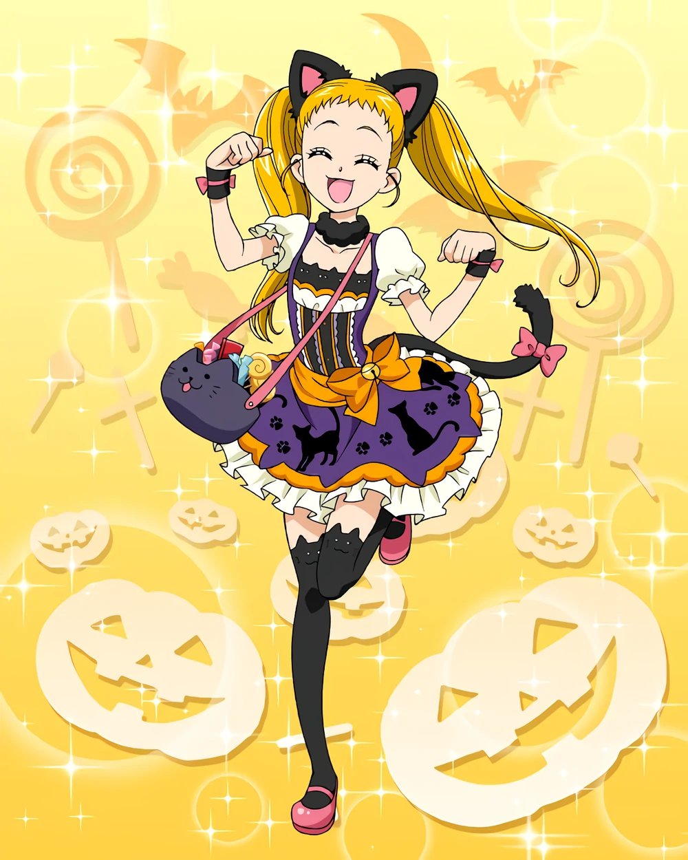 1girl animal_bag animal_ear_legwear animal_ears black_thighhighs cat_bag cat_ear_legwear cat_ears cat_tail closed_eyes fake_animal_ears full_body halloween highres kasugano_urara_(yes!_precure_5) mary_janes official_art pink_footwear precure precure_connection_puzzlun puffy_short_sleeves puffy_sleeves purple_skirt shoes short_bangs short_sleeves skirt solo standing standing_on_one_leg tail thigh-highs third-party_source yes!_precure_5