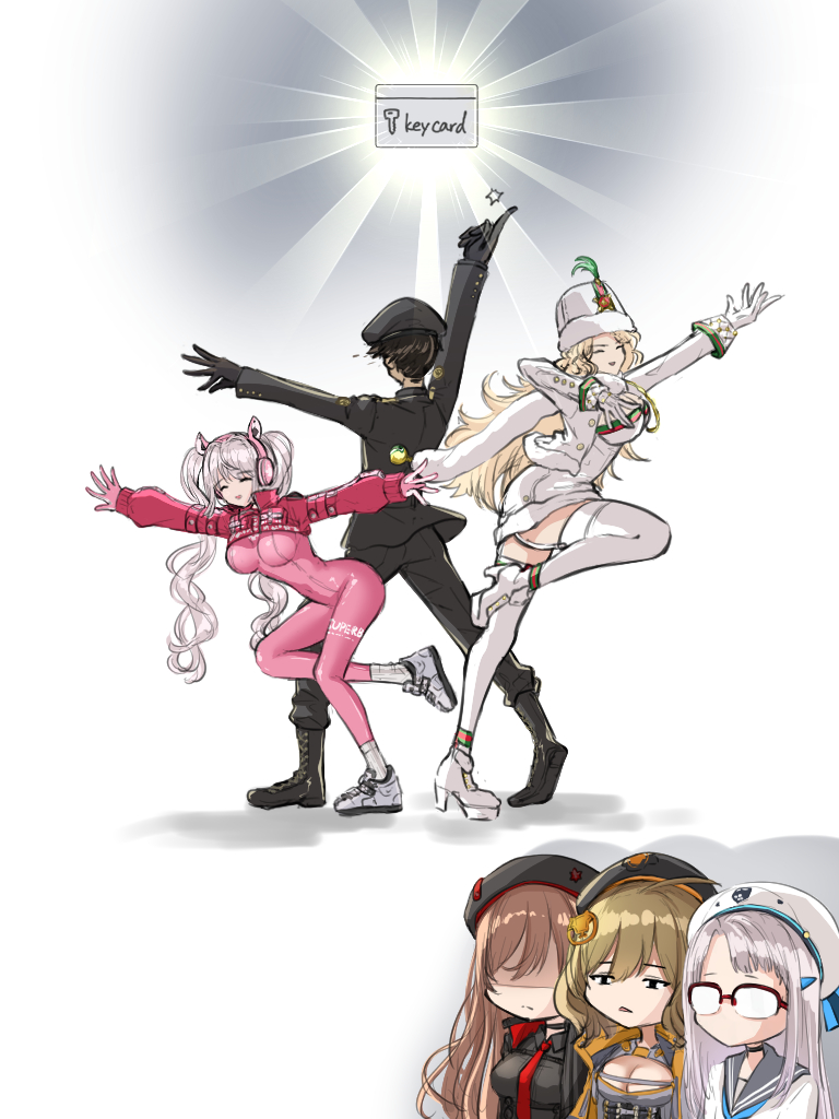 1boy 5girls alice_(nikke) animal_ear_headphones animal_ears anis_(nikke) ankle_boots arms_up beret black_gloves black_headwear blonde_hair bodysuit boots brown_hair chibi chibi_inset closed_eyes commander_(nikke) cropped_jacket dancing dress faceless fake_animal_ears fur-trimmed_dress fur-trimmed_headwear fur_collar fur_hat fur_trim glasses gloves goddess_of_victory:_nikke grey_hair hat headphones impossible_bodysuit impossible_clothes jacket long_hair ludmilla_(nikke) military military_hat military_jacket military_uniform mini_dang01 multiple_girls necktie neon_(nikke) outstretched_arms pink_bodysuit pink_gloves puffy_sleeves rapi_(nikke) red_jacket red_necktie sailor shoes short_hair snapping_fingers sneakers spread_arms standing standing_on_one_leg thigh-highs twintails uniform wavy_hair white_footwear white_gloves white_jacket white_thighhighs zettai_ryouiki