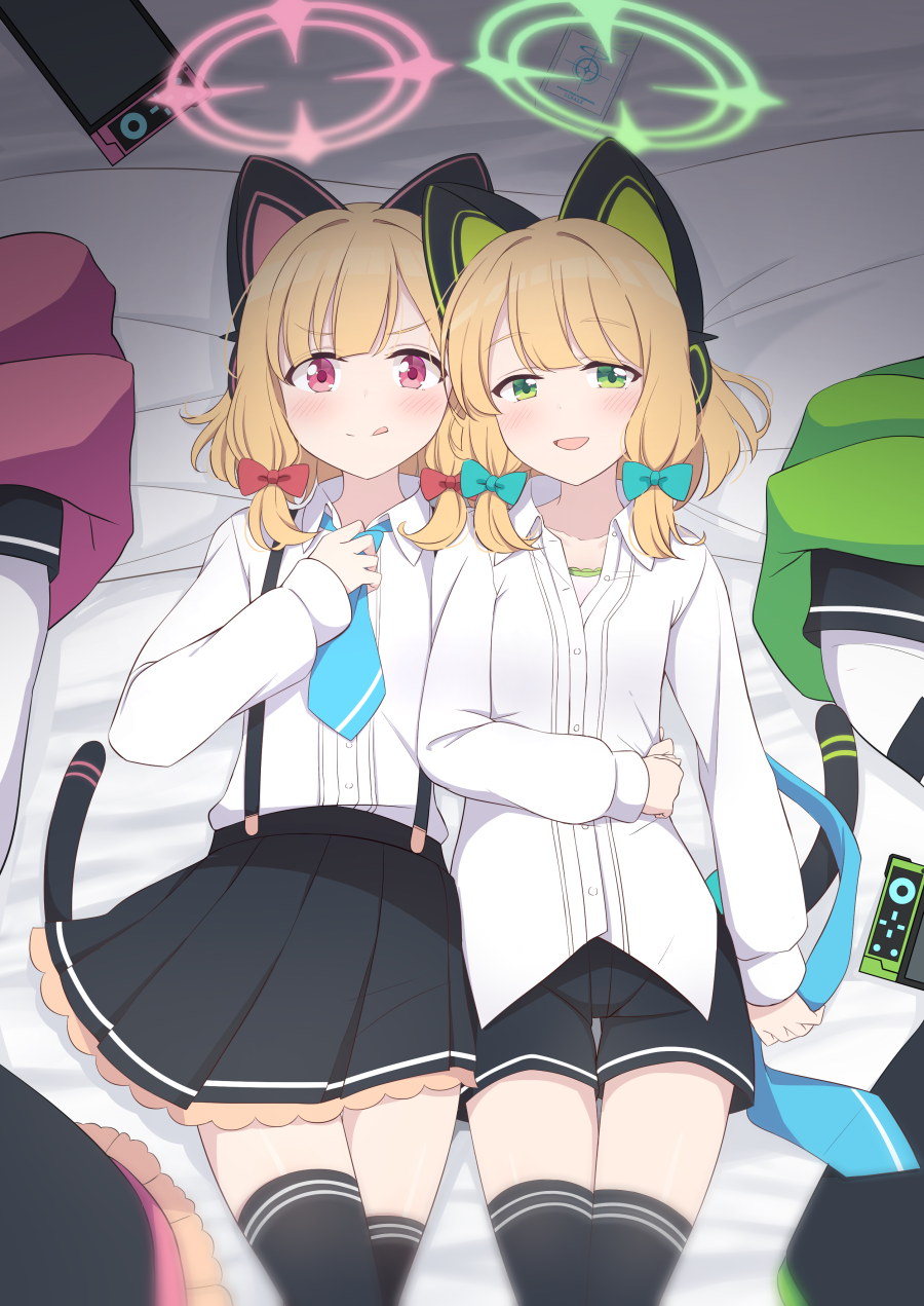 2girls :d :p animal_ear_headphones animal_ears bangs bed bed_sheet black_thighhighs blonde_hair blue_archive blue_necktie blunt_bangs bow cat_ear_headphones cat_tail collared_shirt commentary_request fake_animal_ears fake_tail green_eyes hair_bow hair_ribbon halo handheld_game_console headphones highres hoshino_ouka jacket jacket_removed long_sleeves looking_at_viewer lying midori_(blue_archive) momoi_(blue_archive) multiple_girls necktie on_back open_mouth pink_eyes pleated_skirt red_eyes ribbon school_uniform shirt short_hair shorts siblings sidelocks simple_background skirt smile suspender_skirt suspenders tail thigh-highs tongue tongue_out tress_ribbon twins underwear white_shirt zettai_ryouiki