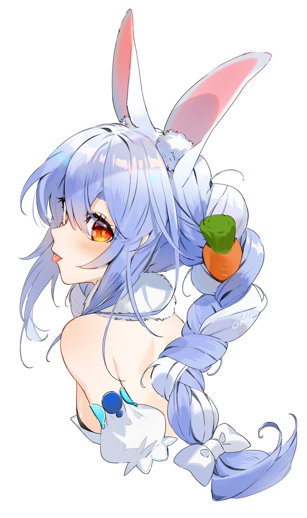 1girl animal_ear_fluff animal_ears bare_shoulders blue_hair bow braid carrot cropped_torso detached_sleeves from_behind fur_scarf gotoh510 hair_between_eyes hair_bow highres hololive light_blush long_hair looking_at_viewer multicolored_hair orange_eyes rabbit_ears rabbit_girl simple_background solo symbol-shaped_pupils tongue tongue_out twin_braids upper_body usada_pekora virtual_youtuber white_background