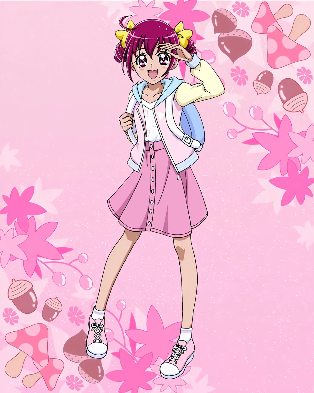 1girl ahoge backpack bag drill_hair full_body highres hoshizora_miyuki jacket official_art open_clothes open_jacket open_mouth pink_eyes pink_footwear pink_hair pink_skirt precure precure_connection_puzzlun shoes skirt smile smile_precure! sneakers solo third-party_source twin_drills