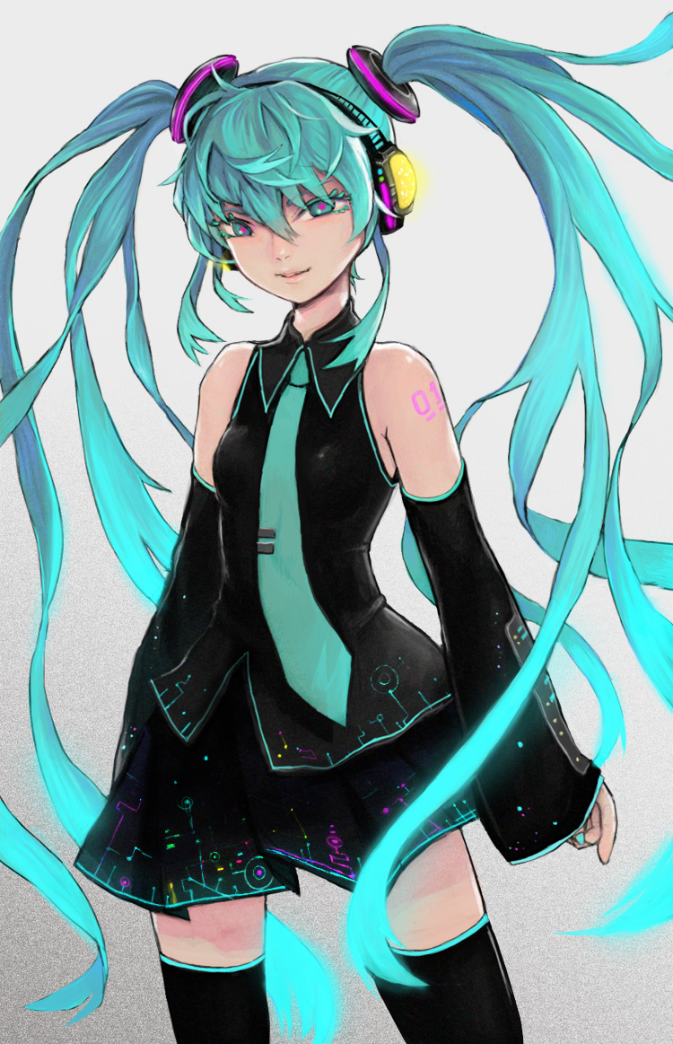 1girl bangs blue_eyes blue_hair collared_shirt colored_eyelashes commentary cowboy_shot detached_sleeves glowing glowing_headgear hair_ornament hatsune_miku headphones kupori long_hair long_sleeves narrowed_eyes necktie pleated_skirt shirt skirt sleeveless sleeveless_shirt smile solo symbol-only_commentary thigh-highs twintails very_long_hair vocaloid