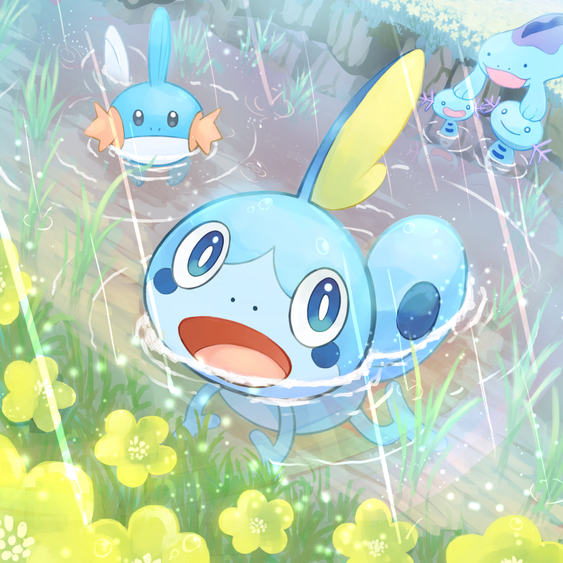 black_eyes blue_eyes bright_pupils closed_mouth commentary_request day flower grass in_water looking_at_viewer mudkip no_humans open_mouth outdoors partially_submerged pokemon pokemon_(creature) putto quagsire rain smile sobble swimming water white_flower white_pupils wooper yellow_flower