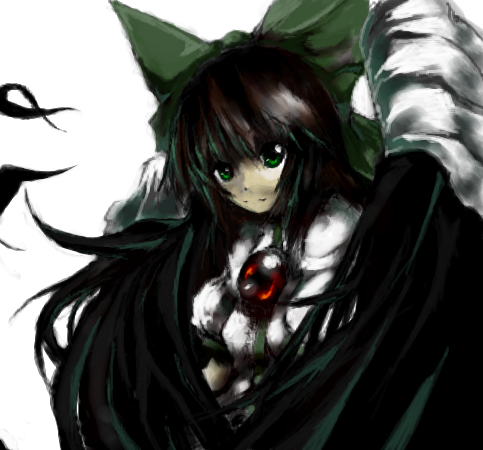 1girl black_wings bow breasts brown_hair cape closed_mouth feathered_wings green_bow green_eyes hair_bow looking_at_viewer lowres medium_breasts oekaki page puffy_short_sleeves puffy_sleeves reiuji_utsuho shirt short_sleeves simple_background solo third_eye_on_chest touhou white_background white_cape white_shirt wings