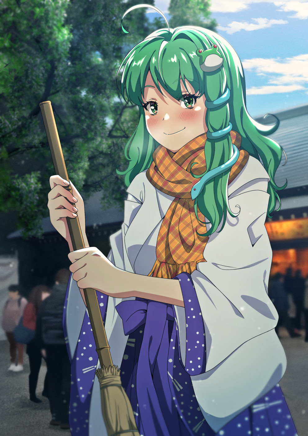 1girl 6+others adapted_costume ahoge blue_hakama blue_sky blush broom closed_mouth clouds commentary_request cowboy_shot day frog_hair_ornament green_eyes green_hair hair_between_eyes hair_ornament hakama highres holding holding_broom japanese_clothes kochiya_sanae long_hair looking_at_viewer miko multiple_others murasaki_tsutsuji orange_scarf outdoors people plaid plaid_scarf scarf shirt shrine single_sidelock sky smile snake_hair_ornament solo_focus touhou tree white_shirt wide_sleeves