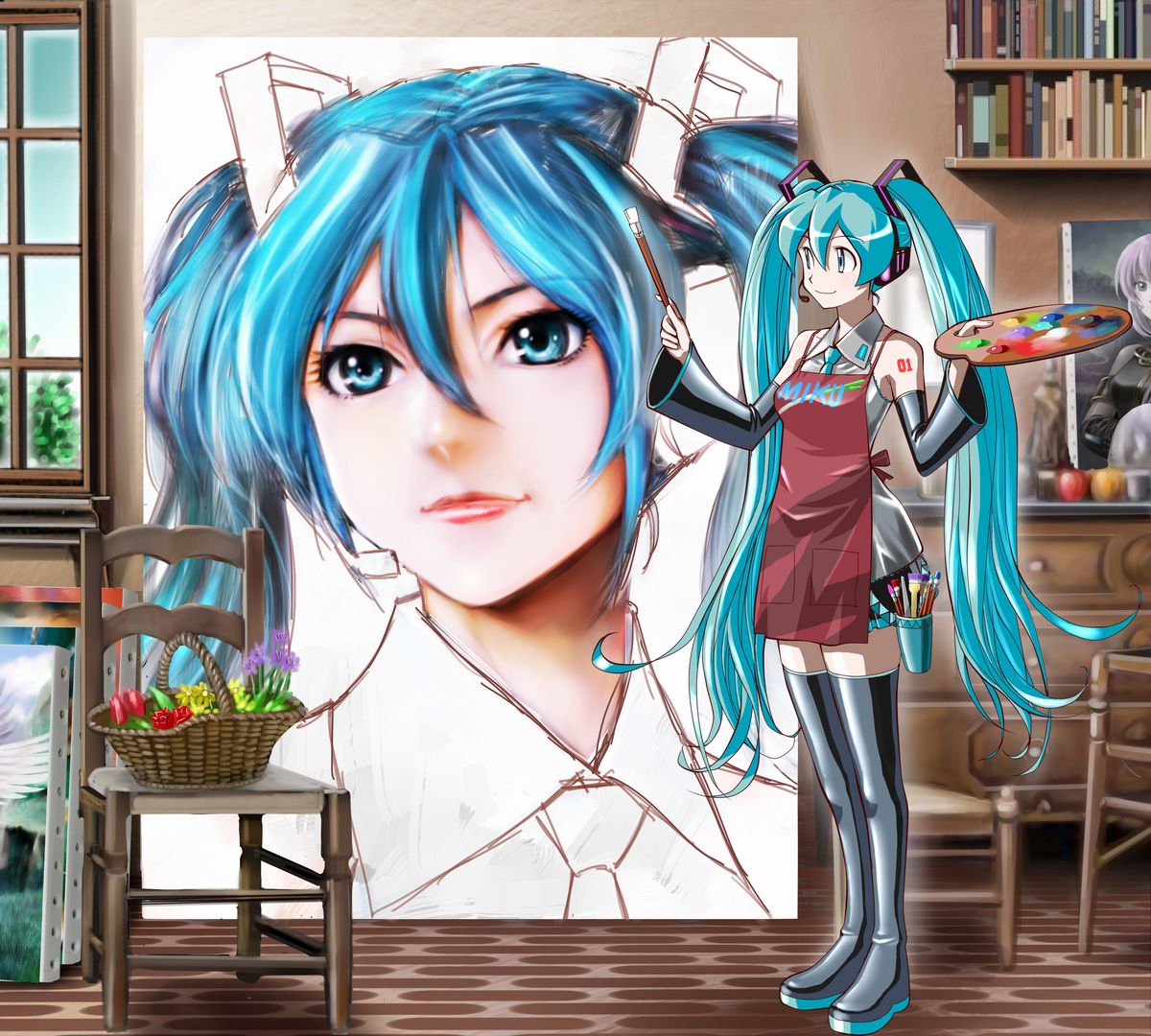 1girl apple apron aqua_eyes aqua_hair aqua_necktie artist_self-reference bare_shoulders basket black_sleeves black_thighhighs blush book bookshelf boots canvas_(object) chair character_name commentary cup detached_sleeves drawing flower flower_basket food fruit grey_shirt hair_ornament hatsune_miku headphones headset holding holding_paintbrush holding_palette long_hair looking_away megurine_luka miniskirt necktie number_tattoo paint paint_on_clothes paintbrush painting_(action) palette_(object) pleated_skirt shirt shoulder_tattoo skirt sleeveless sleeveless_shirt smile solo tattoo thigh-highs thigh_boots twintails very_long_hair vocaloid wide_shot window yusao zettai_ryouiki