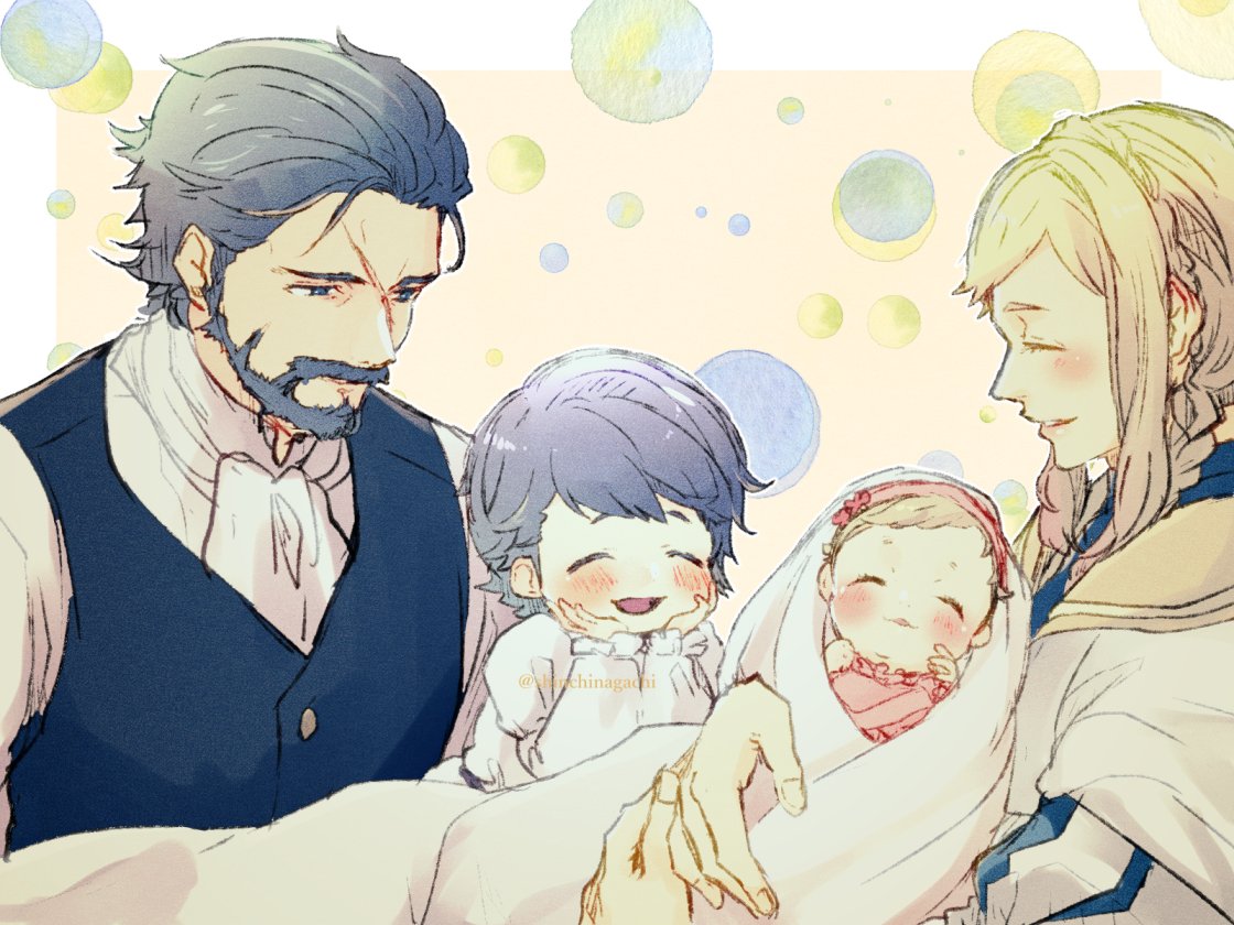 2boys 2girls aged_down alfonse_(fire_emblem) alternate_costume baby blonde_hair blue_eyes blue_hair blue_vest brother_and_sister closed_eyes facial_hair family father_and_daughter father_and_son fire_emblem fire_emblem_heroes gustav_(fire_emblem) hands_on_own_face henriette_(fire_emblem) holding_baby husband_and_wife mother_and_daughter mother_and_son multiple_boys multiple_girls nishimura_(nianiamu) open_mouth parent_and_child scar scar_on_face sharena_(fire_emblem) short_hair siblings twitter_username vest