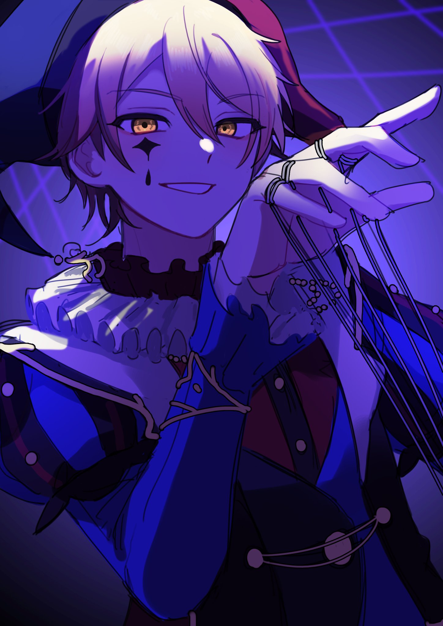1boy bad_id bad_twitter_id blonde_hair dutch_angle facial_mark glowing glowing_eyes grin hand_up hat highres jester jester_cap juliet_sleeves long_sleeves looking_at_viewer male_focus official_alternate_costume orange_eyes project_sekai puffy_sleeves puppet_strings purple_theme short_hair smile solo ten_no_hate_no_phoenix_e_(project_sekai) tenma_tsukasa upper_body yalu_project