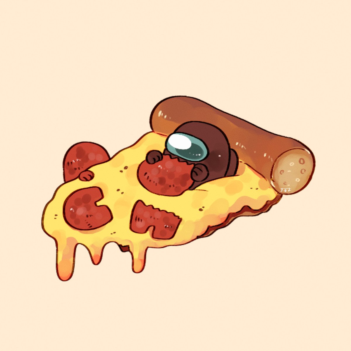 among_us brown_(among_us) brown_background commentary eating english_commentary food highres holding holding_food impostor_(among_us) pepperoni pizza pizza_slice signature simple_background sitting solo tenmiyakiyo