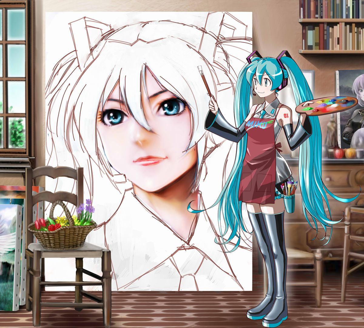 1girl apple apron aqua_eyes aqua_hair aqua_necktie artist_self-reference bare_shoulders basket black_sleeves black_thighhighs blush book bookshelf boots canvas_(object) chair character_name commentary cup detached_sleeves drawing flower flower_basket food fruit grey_shirt hair_ornament hatsune_miku headphones headset holding holding_paintbrush holding_palette long_hair looking_away megurine_luka miniskirt necktie number_tattoo paint paint_on_clothes paintbrush painting_(action) palette_(object) pleated_skirt shirt shoulder_tattoo skirt sleeveless sleeveless_shirt smile solo tattoo thigh-highs thigh_boots twintails very_long_hair vocaloid wide_shot window yusao zettai_ryouiki