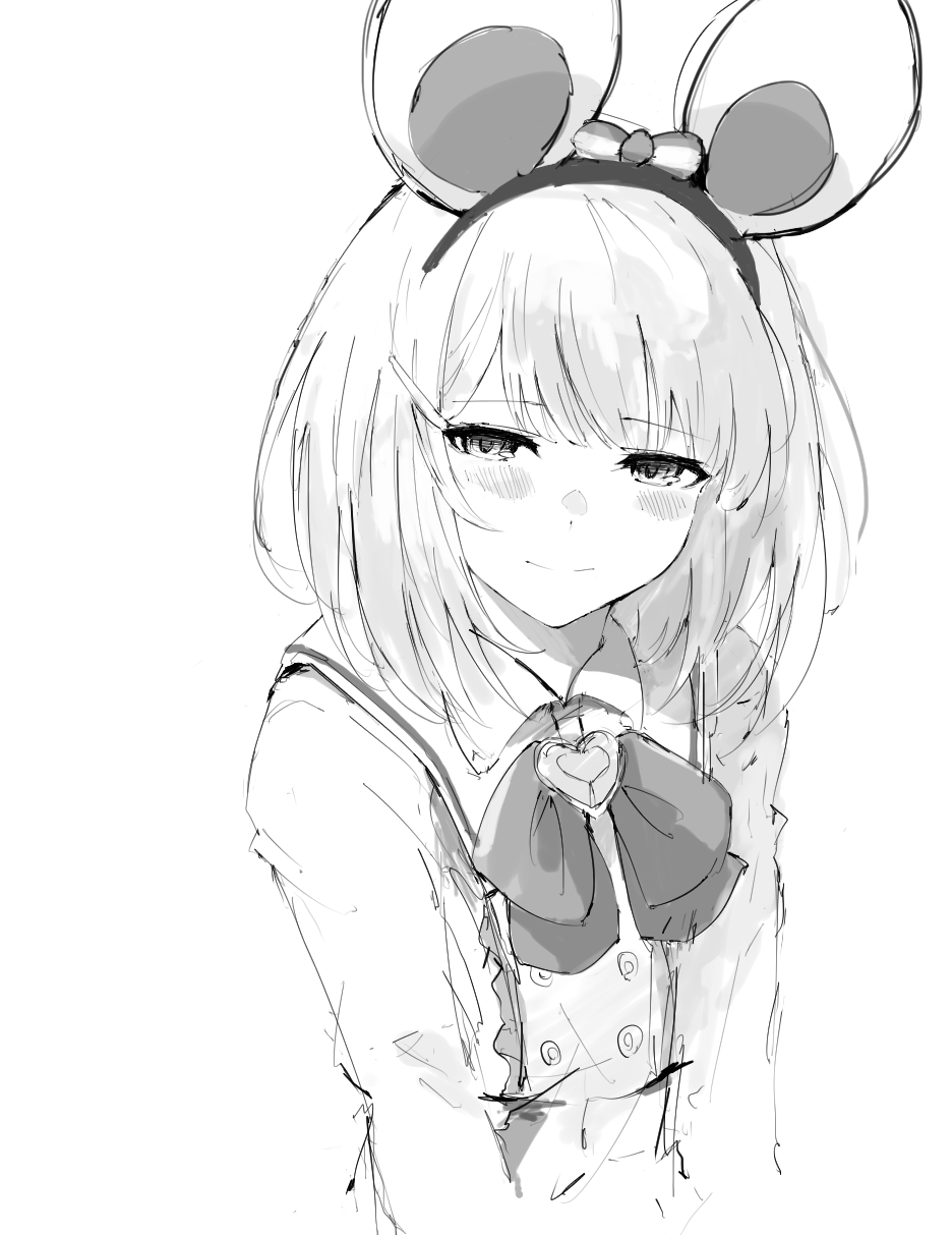 1girl animal_ears blush bow fake_animal_ears granblue_fantasy greyscale highres light_smile midriff monochrome mouse_ears pdbgat vikala_(granblue_fantasy) white_background