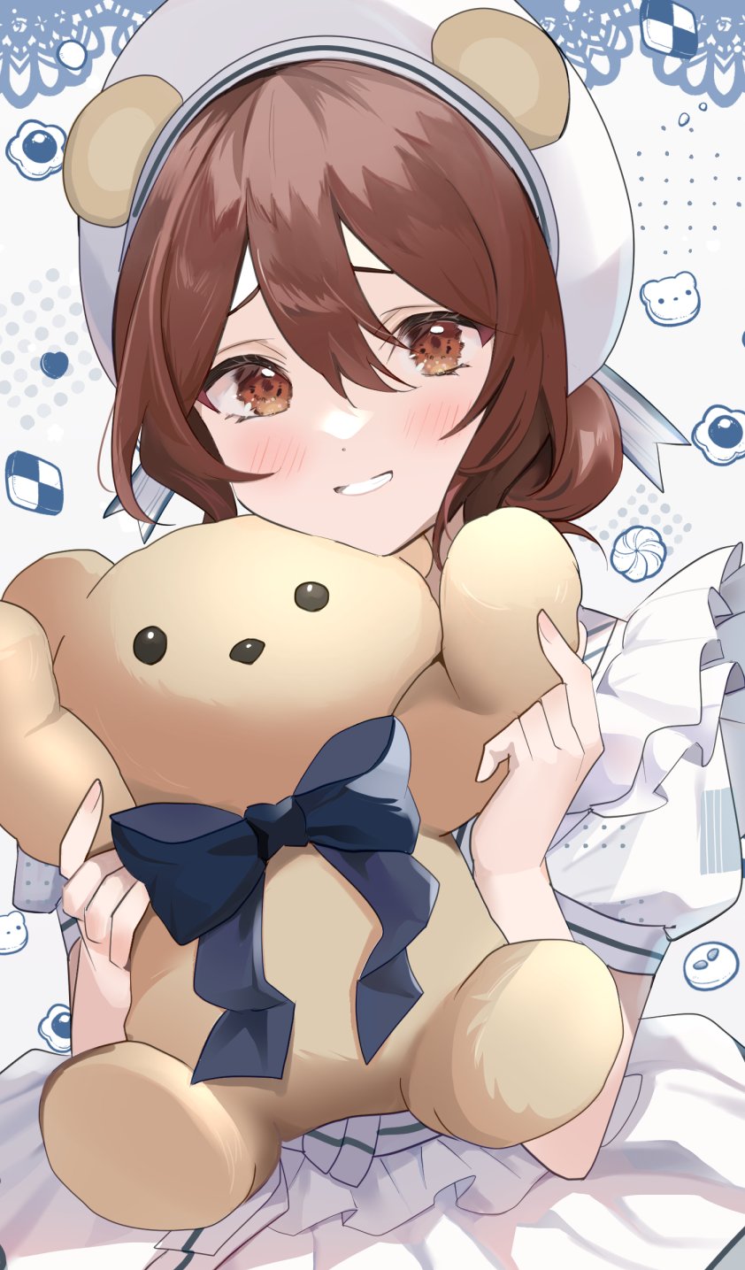 1girl animal_ears bear bear_ears blush brown_eyes brown_hair cookie dress food highres idolmaster idolmaster_shiny_colors looking_at_viewer open_mouth osaki_tenka shinsekki smile white_dress white_headwear