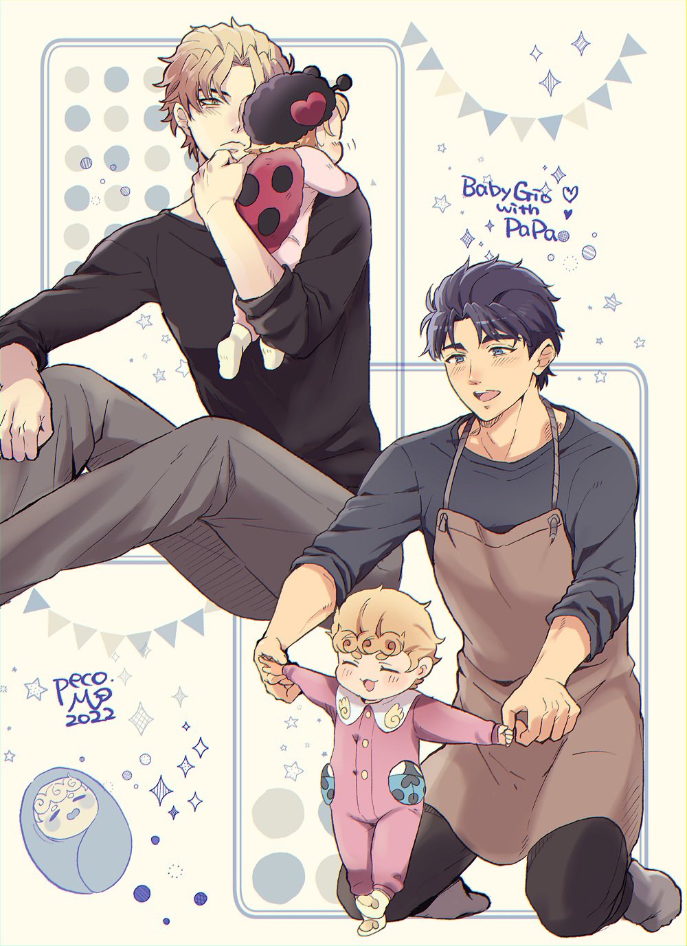 2022 3boys aged_down apron baby black_shirt blonde_hair blue_eyes blue_hair blush bug closed_eyes closed_mouth couple dio_brando english_commentary family father_and_son giorno_giovanna grey_pants hand_grab highres implied_yaoi jojo_no_kimyou_na_bouken jonathan_joestar ladybug ladybug_costume long_sleeves male_focus morino_peko multiple_boys open_mouth pants shirt sitting smile socks vento_aureo