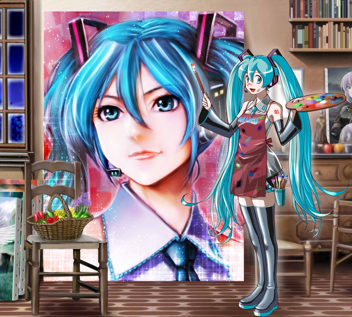 1girl apple apron aqua_eyes aqua_hair aqua_necktie artist_self-reference bare_shoulders basket black_sleeves black_thighhighs blush book bookshelf boots canvas_(object) chair character_name commentary cup detached_sleeves flower flower_basket food fruit grey_shirt hair_ornament hatsune_miku headphones headset holding holding_paintbrush holding_palette long_hair looking_at_viewer megurine_luka miniskirt necktie night number_tattoo open_mouth paint paint_on_body paint_on_clothes paintbrush painting_(action) palette_(object) pleated_skirt shirt shoulder_tattoo skirt sleeveless sleeveless_shirt smile solo sparkle tattoo thigh-highs thigh_boots twintails very_long_hair vocaloid wide_shot window yusao zettai_ryouiki