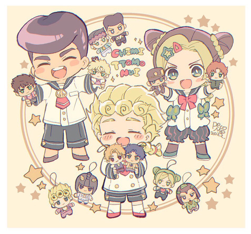 1girl 2022 2boys :d aged_down battle_tendency black_hair blonde_hair blue_hair blush blush_stickers braid bruno_bucciarati caesar_anthonio_zeppeli character_doll closed_eyes commentary_request diamond_wa_kudakenai dio_brando double_bun ermes_costello family giorno_giovanna hair_bun happy higashikata_josuke jojo_no_kimyou_na_bouken jonathan_joestar joseph_joestar joseph_joestar_(young) kakyoin_noriaki kishibe_rohan kujo_jolyne kujo_jotaro male_child morino_peko multicolored_hair multiple_boys open_mouth phantom_blood pompadour sailor_collar short_hair smile star_(symbol) stardust_crusaders stone_ocean two-tone_hair vento_aureo