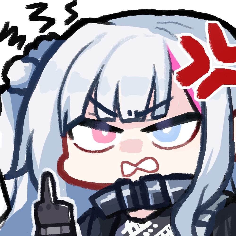 1girl anger_vein angry black_gloves blue_eyes chibi commentary_request girls'_frontline_neural_cloud girls_frontline gloves hair_bobbles hair_ornament heterochromia kuro_(girls'_frontline_nc) long_hair looking_at_viewer mdr_(girls'_frontline) middle_finger one_side_up open_mouth pink_eyes simple_background solo white_background white_hair yanggaengwang