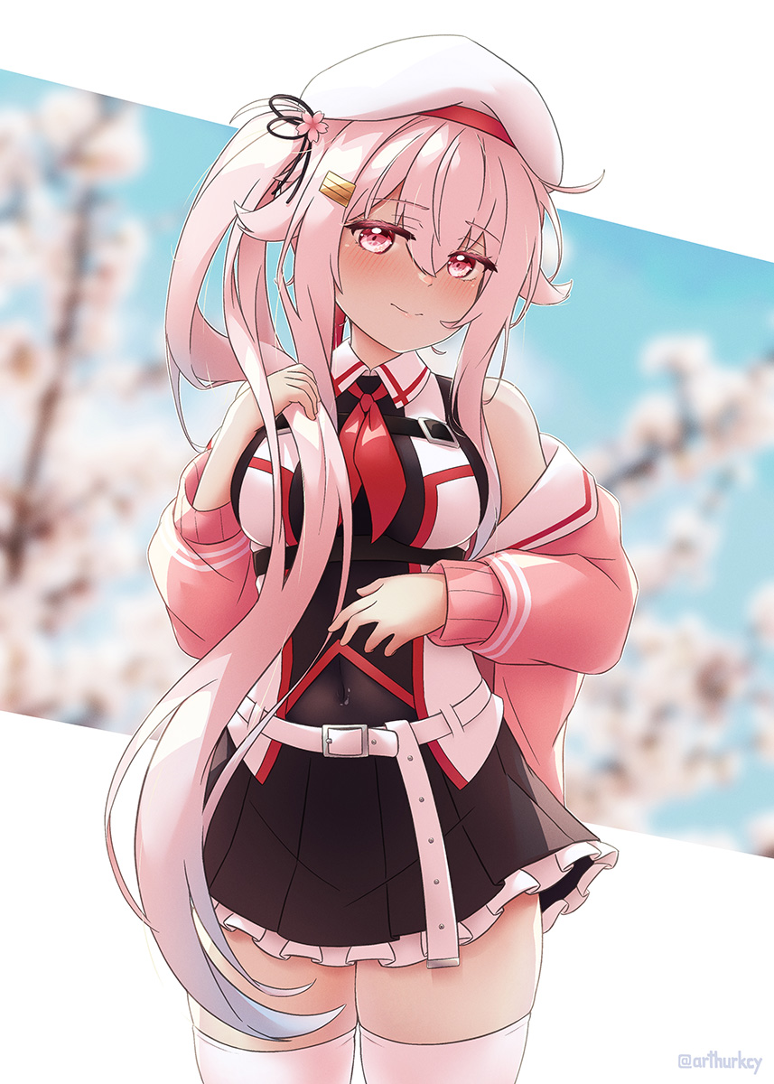 1girl arthur_ko belt black_ribbon blush breasts cardigan cherry_blossoms closed_mouth cowboy_shot hair_between_eyes hair_ornament hair_ribbon hairclip harusame_(kancolle) hat highres kantai_collection large_breasts long_hair long_sleeves neckerchief original_remodel_(kantai_collection) pink_cardigan pink_eyes pink_hair red_neckerchief ribbon side_ponytail smile solo thigh-highs white_belt white_headwear white_thighhighs