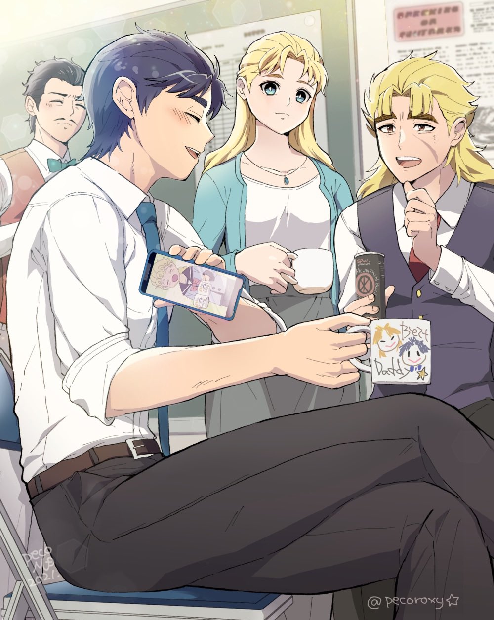 1girl 3boys belt black_hair black_pants blonde_hair blue_eyes blue_hair blush cellphone closed_eyes closed_mouth coffee_mug cup dio_brando erina_pendleton facial_hair giorno_giovanna highres holding holding_cup holding_phone implied_yaoi indoors jewelry jojo_no_kimyou_na_bouken jonathan_joestar long_hair long_sleeves looking_at_another mixed-language_commentary morino_peko mug multiple_boys necklace necktie pants phantom_blood phone robert_e._o._speedwagon shirt short_hair skirt sleeves_rolled_up smartphone smile twitter_username vest white_shirt will_anthonio_zeppeli