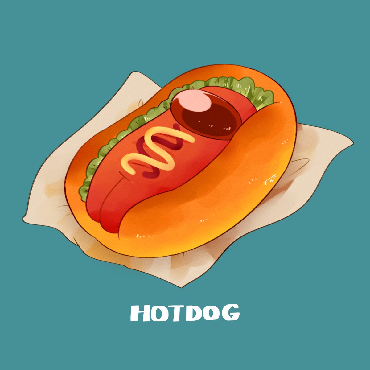 among_us blurry blurry_background crewmate_(among_us) english_text food full_body highres hot_dog hot_dog_bun ketchup lettuce lying mustard napkin on_back red_(among_us) signature simple_background solo tenmiyakiyo