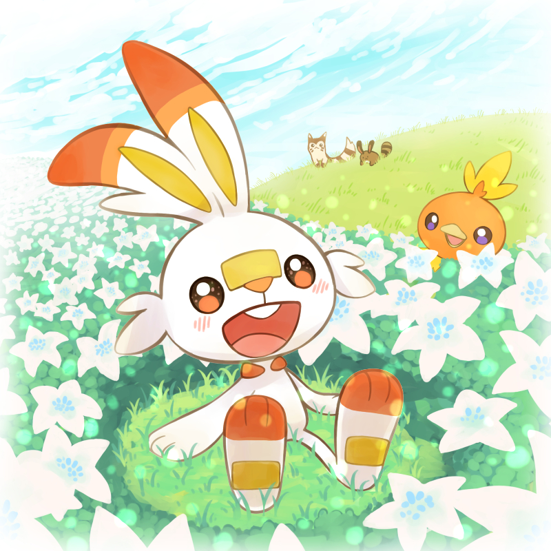 :d blue_sky blush brown_eyes clouds commentary_request day evolutionary_line field flower flower_field furret grass looking_at_viewer no_humans open_mouth outdoors pokemon pokemon_(creature) putto scorbunny sentret sitting sky smile teeth torchic upper_teeth_only white_flower