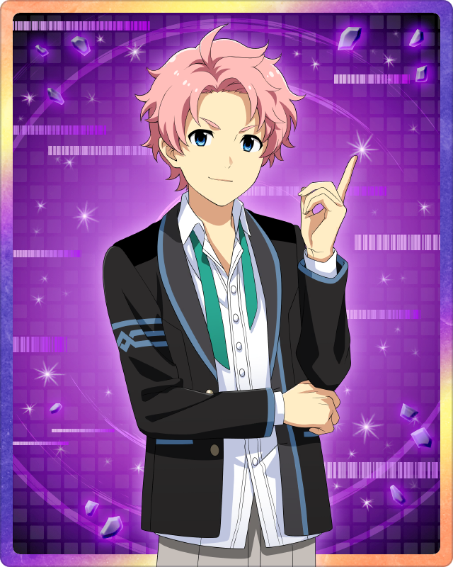 1boy blue_eyes collared_shirt fingernails idolmaster idolmaster_side-m idolmaster_side-m_growing_stars index_finger_raised kabuto_daigo long_sleeves looking_at_viewer male_focus necktie official_art pink_hair school_uniform shirt smirk solo undone_necktie