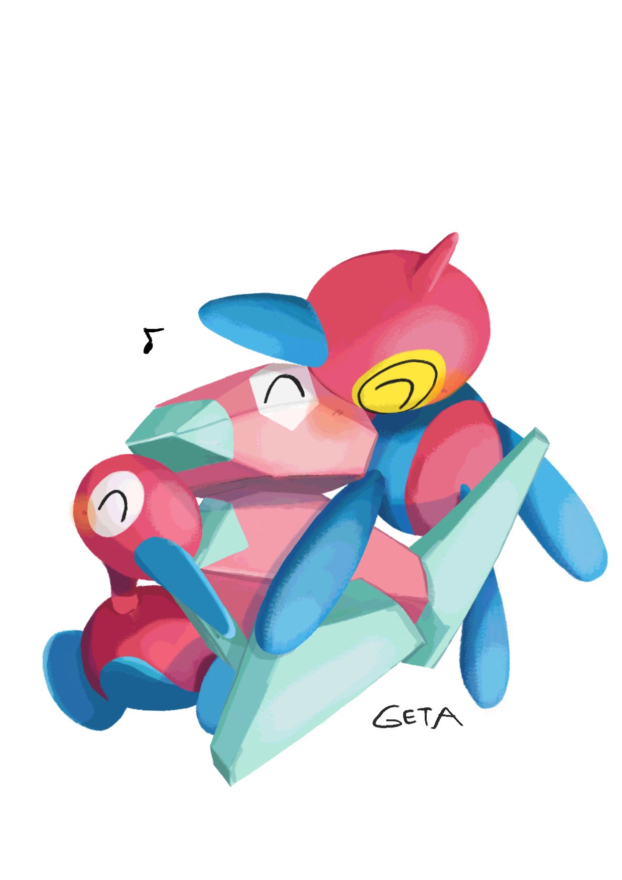 01coil ^_^ artist_name closed_eyes commentary_request eighth_note evolutionary_line full_body happy highres hug musical_note no_humans pokemon pokemon_(creature) porygon porygon-z porygon2 simple_background white_background