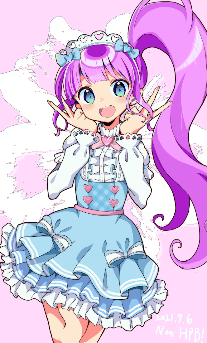 1girl :d birthday blue_bow blue_dress blue_eyes blunt_bangs blush bow brooch center_frills ceros character_name cowboy_shot dated double_v dress dress_bow earrings frilled_dress frilled_hairband frilled_sleeves frills hair_bow hair_ornament hairband hands_up happy_birthday heart high_ponytail idol_land_pripara jewelry layered_dress layered_sleeves leg_up long_hair long_sleeves looking_at_viewer maid_headdress manaka_non open_mouth pink_background ponytail pretty_(series) pripara puffy_sleeves purple_hair round_teeth short_over_long_sleeves short_sleeves side_ponytail sidelocks simple_background smile solo standing standing_on_one_leg stud_earrings teeth upper_teeth_only v very_long_hair white_bow