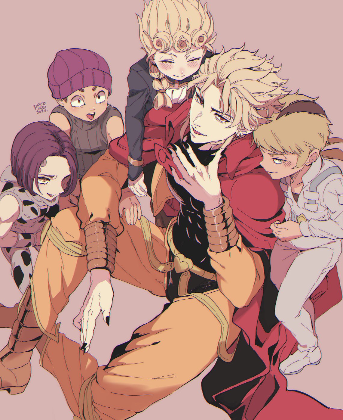 2023 5boys aged_down animal_print beanie black_hair black_nails blonde_hair blue_eyes blush bracelet brothers closed_eyes closed_mouth cow_print crotchless crotchless_pants dio_brando donatello_versace family father_and_son giorno_giovanna hat highres hug jacket jewelry jojo_no_kimyou_na_bouken long_hair long_sleeves looking_at_viewer male_child medium_hair mixed-language_commentary morino_peko multicolored_hair multiple_boys pants red_eyes rikiel siblings sitting smile stardust_crusaders stone_ocean two-tone_hair ungaro vento_aureo yellow_eyes yellow_jacket yellow_pants