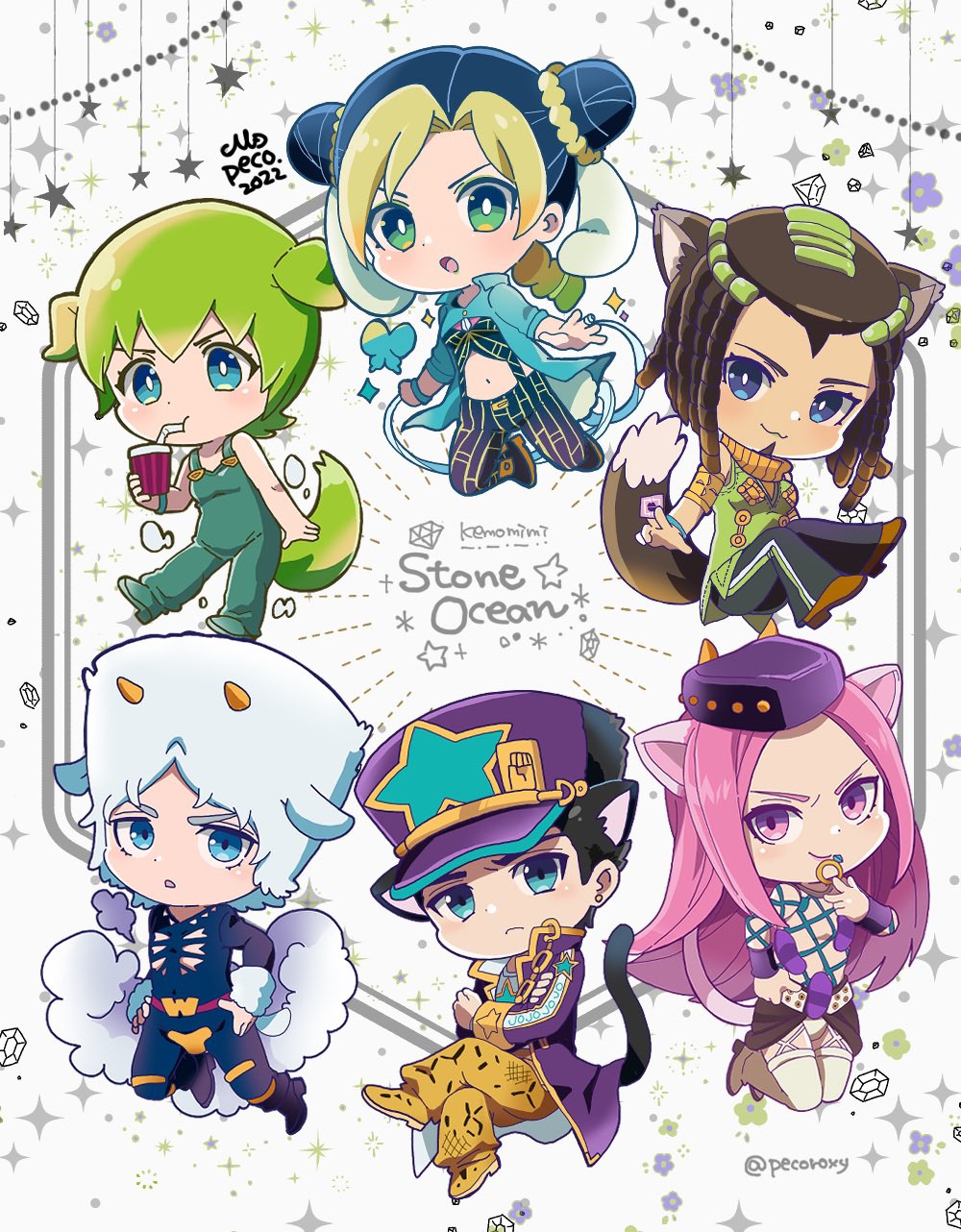 3boys 3girls animal_ears black_hair blue_eyes braid brown_eyes cat_boy cat_ears cat_tail commentary_request copyright_name dog_ears dog_girl dog_tail double_bun ermes_costello father_and_daughter foo_fighters green_eyes hair_bun highres holding jojo_no_kimyou_na_bouken kujo_jolyne kujo_jotaro long_coat long_hair long_sleeves looking_at_viewer morino_peko multicolored_hair multiple_boys multiple_girls narciso_anasui pink_eyes pink_hair rabbit_ears rabbit_girl rabbit_tail raccoon_ears raccoon_girl raccoon_tail sheep_boy sheep_tail short_hair smile spider_web_print stone_ocean tail two-tone_hair weather_report