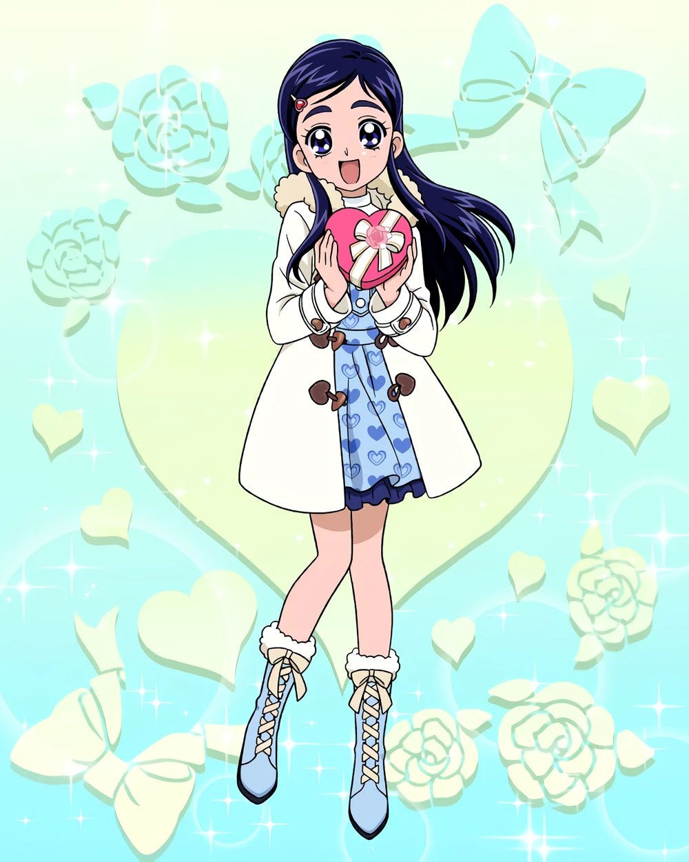 1girl :d artist_request boots box box_of_chocolates candy casual chocolate commentary english_commentary eyelashes food fur-trimmed_jacket fur_trim futari_wa_precure hair_ornament hairclip happy heart heart-shaped_chocolate highres jacket long_hair looking_at_viewer official_art open_mouth precure precure_connection_puzzlun purple_hair smile solo standing third-party_source violet_eyes yukishiro_honoka