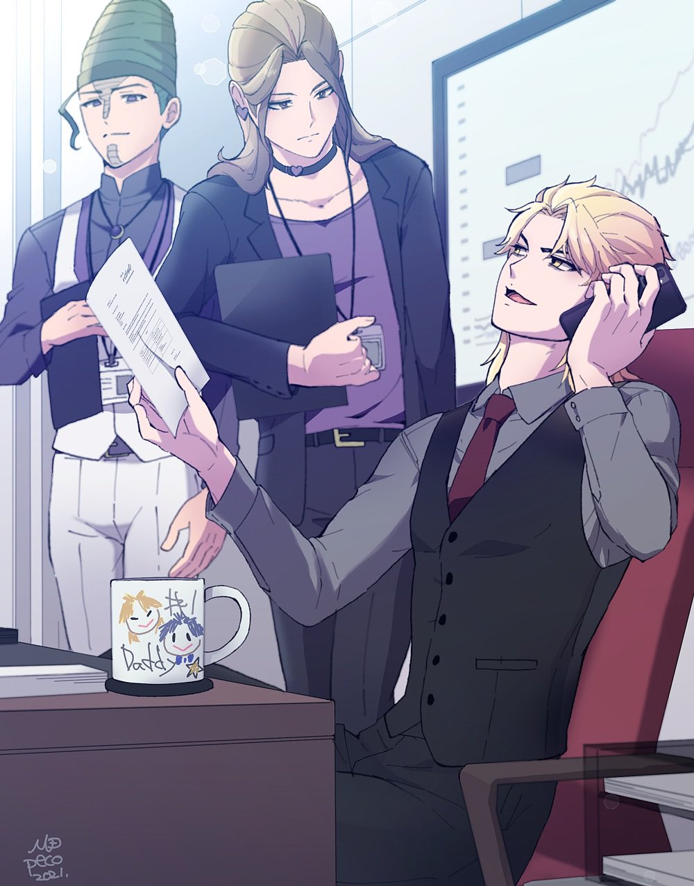 3boys belt black_jacket black_pants black_vest blonde_hair blush brown_hair cellphone coffee_mug cup dio_brando grey_shirt highres holding holding_phone implied_yaoi indoors jacket jojo_no_kimyou_na_bouken jonathan_joestar long_hair long_sleeves male_focus mixed-language_commentary morino_peko mug multiple_boys necktie pants phone red_necktie shirt sitting smartphone smile stardust_crusaders terence_t._d'arby vanilla_ice vest yellow_eyes