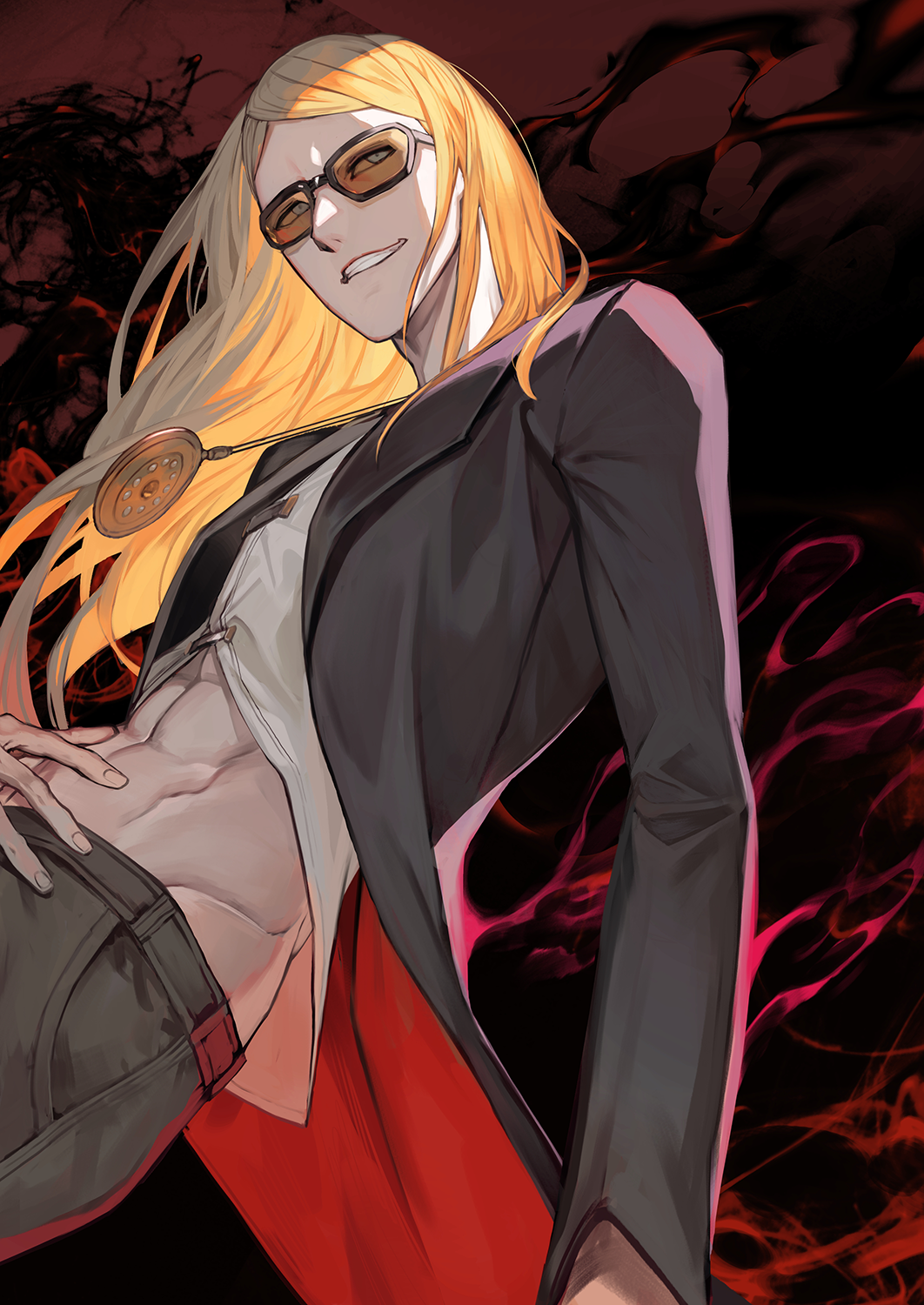 1boy abs black-framed_eyewear black_background black_jacket black_pants blonde_hair blue_eyes commentary_request fate/grand_order fate_(series) glasses grin highres jacket jewelry lack lapels long_hair long_sleeves looking_at_viewer male_focus navel necklace open_clothes open_jacket orange-tinted_eyewear pants parted_bangs red_background shirt smile solo stomach swept_bangs teeth tezcatlipoca_(fate) tinted_eyewear white_shirt