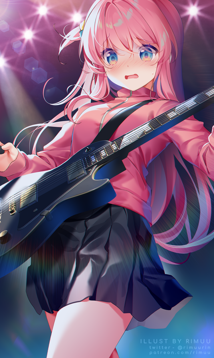 1girl black_skirt blue_eyes blush bocchi_the_rock! breasts commentary_request cube_hair_ornament electric_guitar gotou_hitori guitar hair_between_eyes hair_ornament highres instrument jacket long_hair long_sleeves medium_breasts nose_blush one_side_up open_mouth pink_hair pink_jacket pleated_skirt rimuu skirt sleeves_past_wrists solo twitter_username very_long_hair watermark wavy_mouth web_address