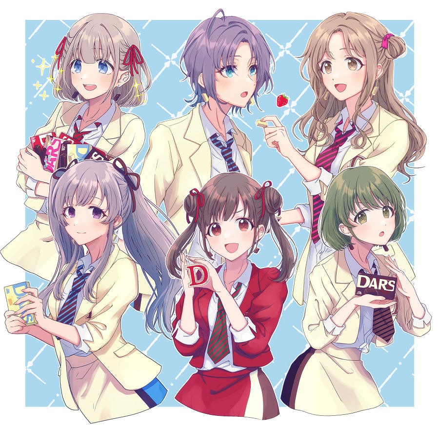 6+girls ahoge asakura_toru blue_eyes blue_hair brown_eyes brown_hair chocolate codamaxxx earrings food fruit green_eyes green_hair grey_hair ichikawa_hinana idolmaster idolmaster_shiny_colors jacket jewelry long_hair looking_at_viewer multiple_girls nanakusa_nichika necktie open_mouth red_eyes serizawa_asahi short_hair smile sonoda_chiyoko strawberry striped_necktie twintails violet_eyes yukoku_kiriko